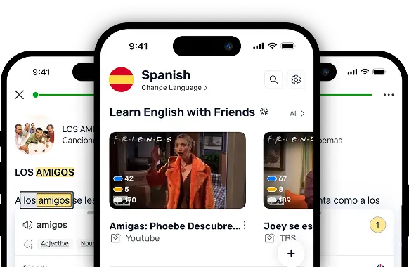 Three phone screens: the LingQ library of Friends episodes, and a lesson with the word amigos tapped and its dictionary entry open